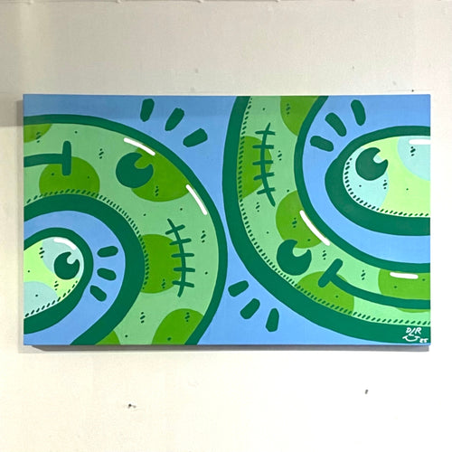 Abstract art canvas with green on blue background