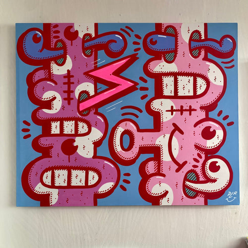 Abstract artwork with red, pink, and blue patterns on a light blue background