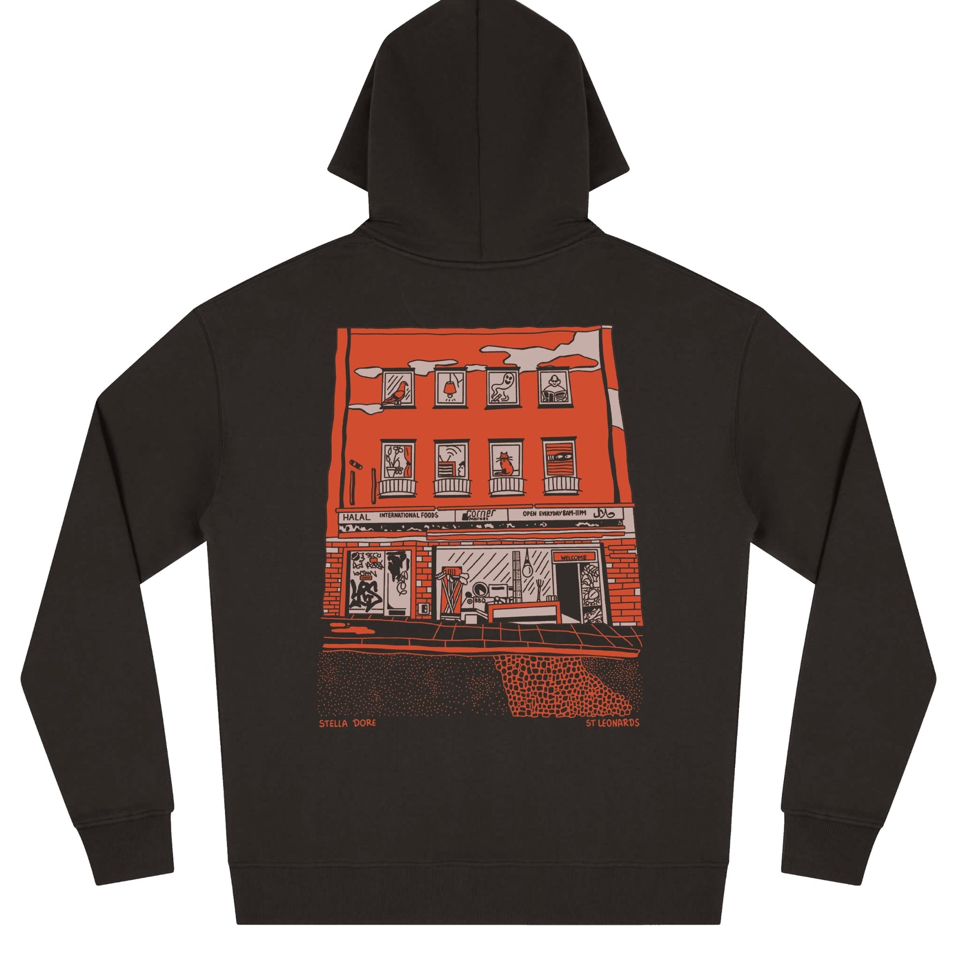 Photo of the back of a black hooded jumper with a two colour silkscreened graphic of a local st Leonards food shop 