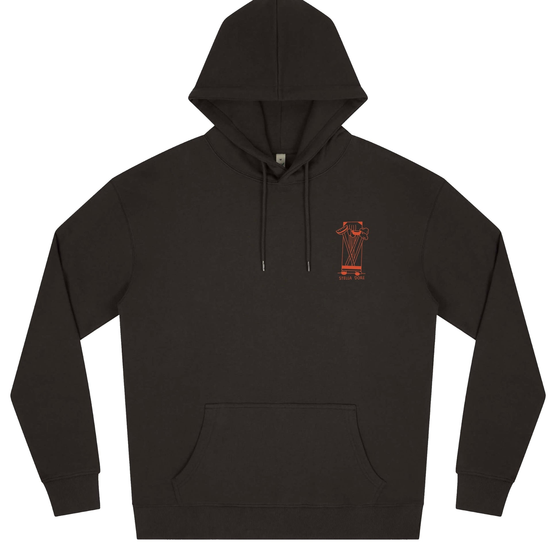 Photo of the front of a black hooded jumper with a 1 colour silkscreened emblem of brushes