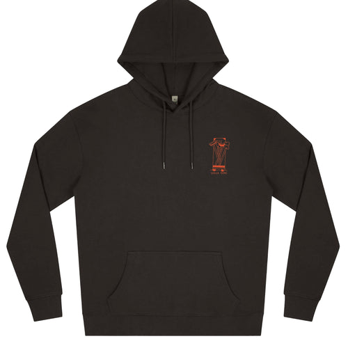 Photo of the front of a black hooded jumper with a 1 colour silkscreened emblem of brushes